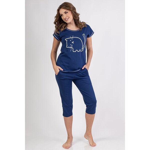 Regina Bavlnené dámske pyžamo Mici modré s mačkou 62399964