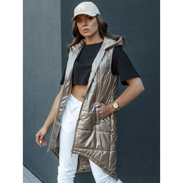 BASIC Béžová lesklá dlhá prešívaná vesta asymetrického strihu MERIS 57675126