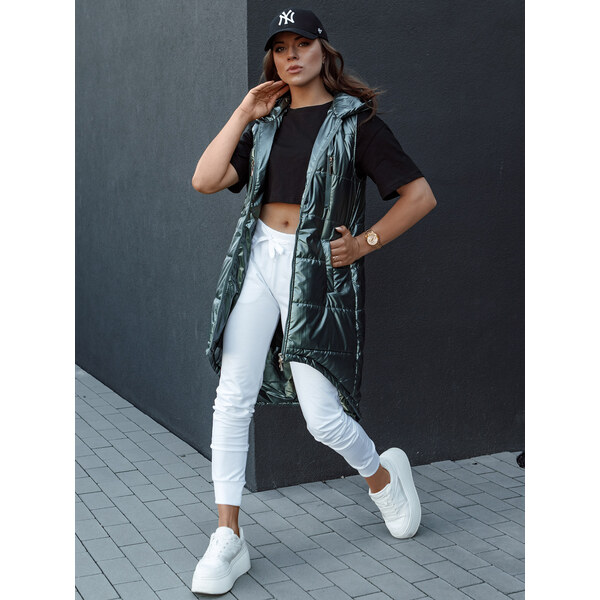 BASIC Tmavozelená dlhá prešívaná vesta asymetrického strihu MERIS 57675128