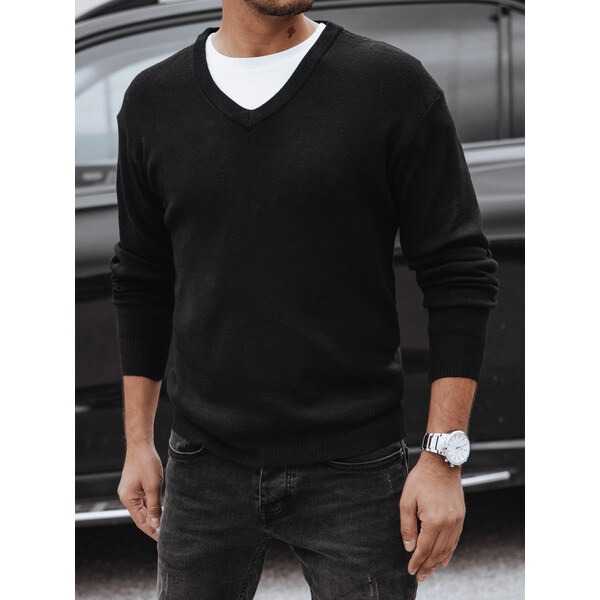 BASIC Pánsky čierny sveter s výstrihom do V WX2203 57675151