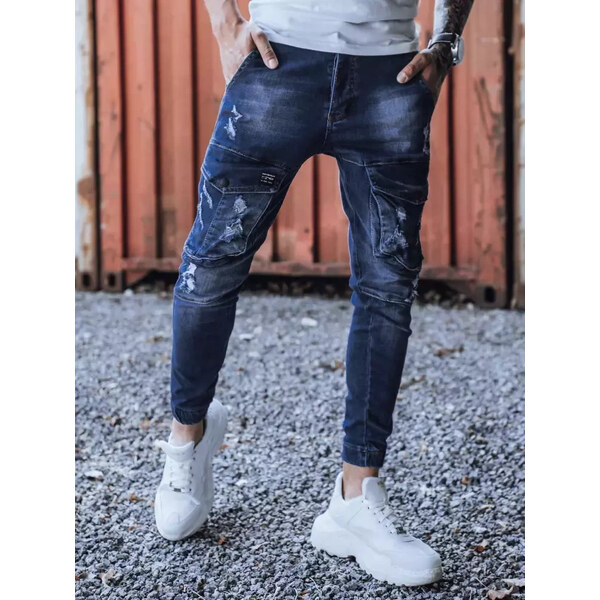 BASIC Zastrene modré dierované džínsy UX3286 26593869