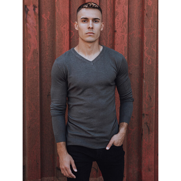 BASIC Tmavosivý pánsky sveter s výstrihom do V WX2219 57479033