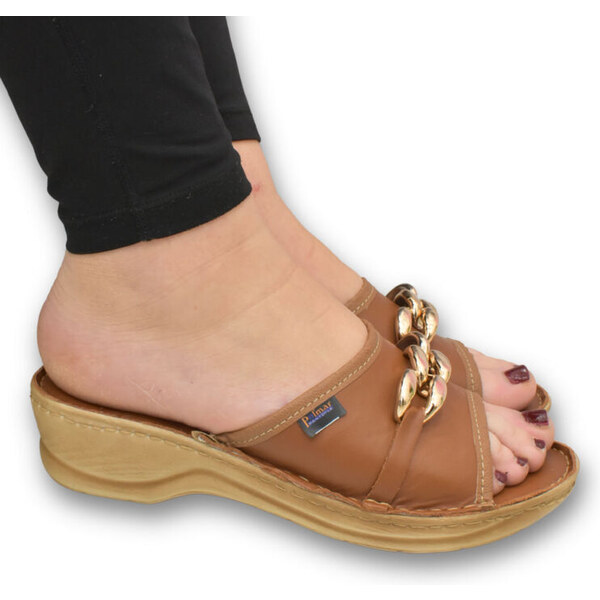 JOHN-C Dámske kožené hnedé šľapky BERTRAND so štýlovou retiazkou 62418238