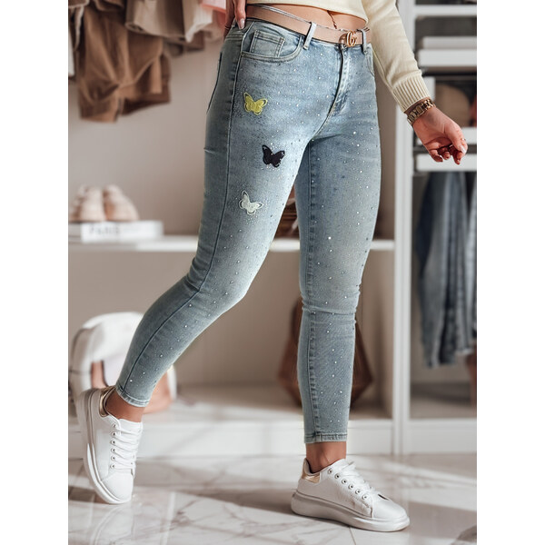 BASIC Modré dámske skinny rifle s kamienkami a výšivkou LUMITTA UY2429 62427014