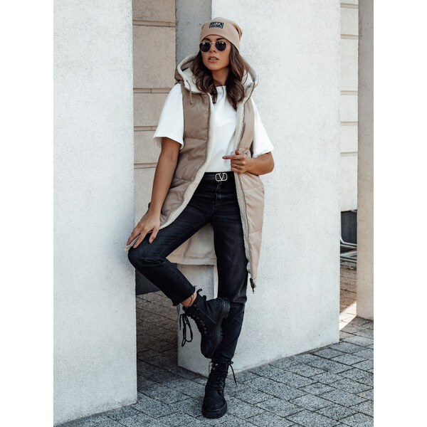 BASIC Béžová dlhá dámska prešívaná vesta s kapucňou COSYVIVA TY4602 58168196