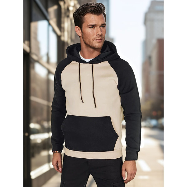 BASIC Béžovo-čierna pánska pohodlná mikina s klokaním vreckom BX5890 62516764