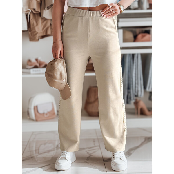 BASIC Béžové dámske rebrované tepláky s ozdobnou čipkou na bokoch 62516740