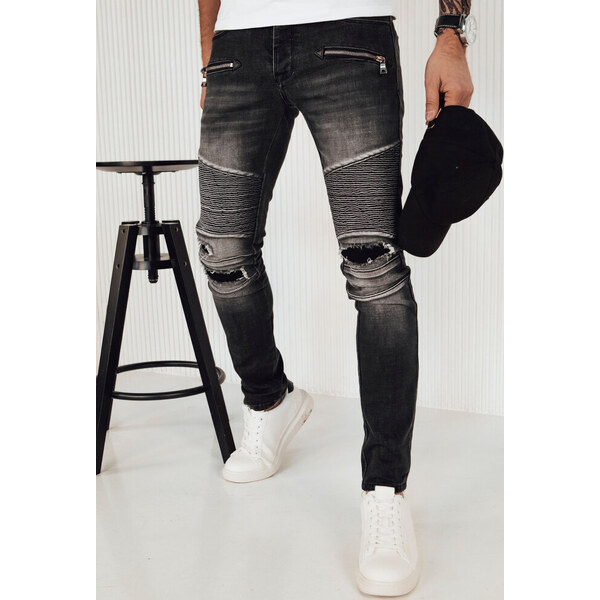 BASIC Tmavosivé džínsové nohavice s odreninami a vreckami UX4151 49283491