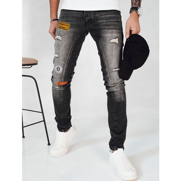 BASIC Tmavosivé džínsové nohavice s nášivkami UX4150 49401395