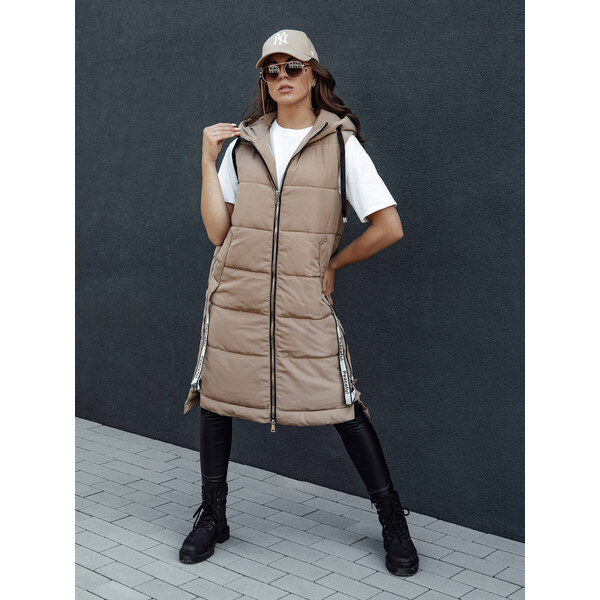 BASIC Béžová dlhá dámska prešívaná vesta s kapucňou SKYLER TY4503 57675130