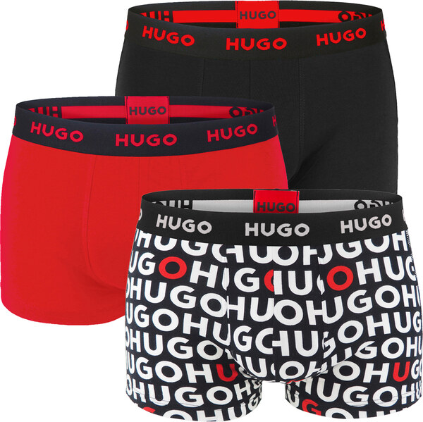 HUGO - boxerky 3PACK cotton stretch modern black & red color / logo 62593826