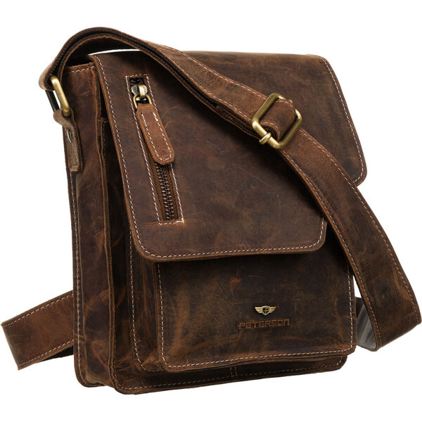 Pánska hnedá kožená messenger taška so zlatým kovaním - Peterson 62741801