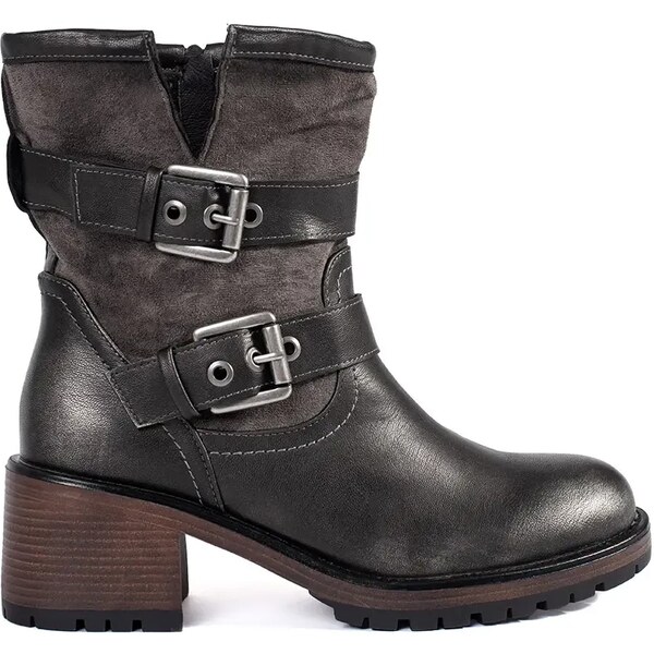 Shelvt Dark brown metallic womens heeled ankle boots with buckles 59067507