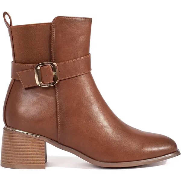 Shelvt Brown womens ankle boots on a heel with a buckle 59827115