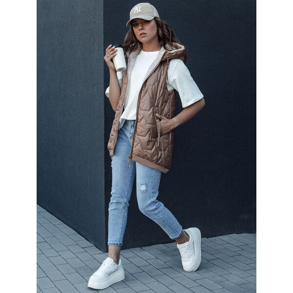 BASIC Tmavozlatá dámska dlhá prešívaná vesta s kapucňou COLINE TY4461 57254639