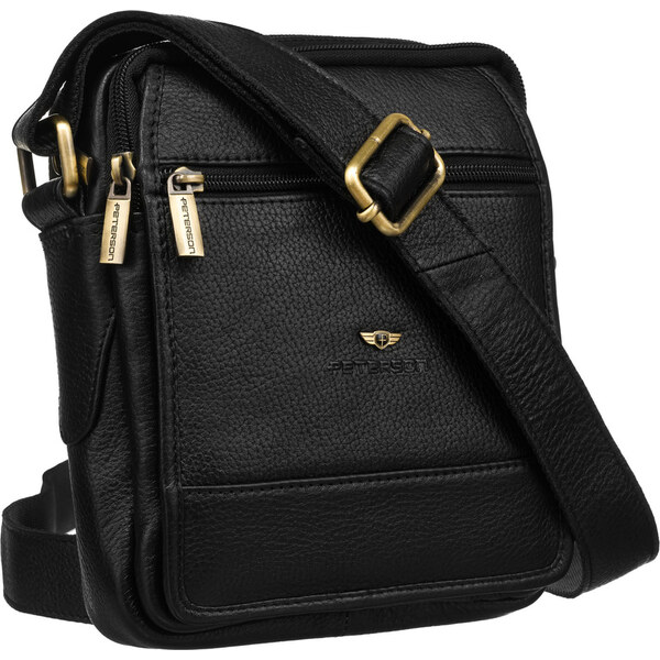 Kožená, dvojkomorová pánska messenger taška čiernej farby, zavesená na 62864895