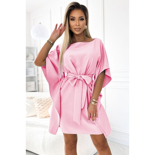 Numoco Motýlie šaty SOFIA so zaväzovaním v páse - pastelovo ružová 62986730