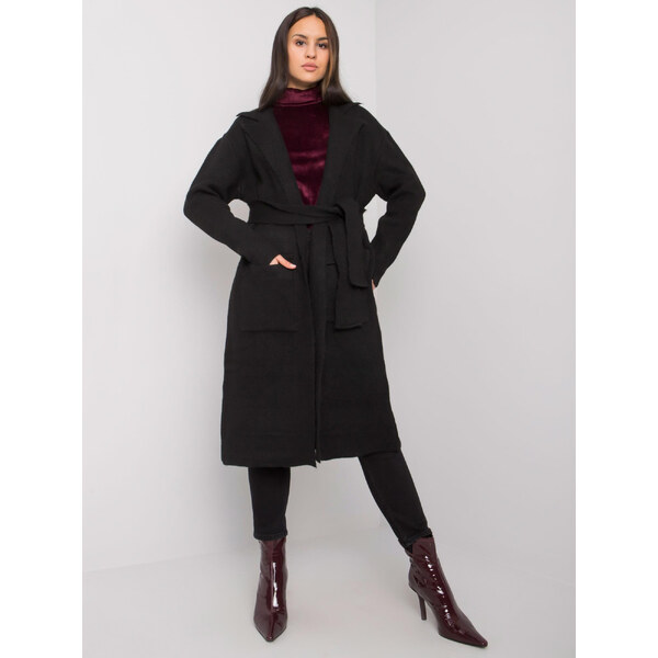 RUE PARIS Čierny dlhý pletený kardigan s opaskom LC-SW-844.33X-black 57948724