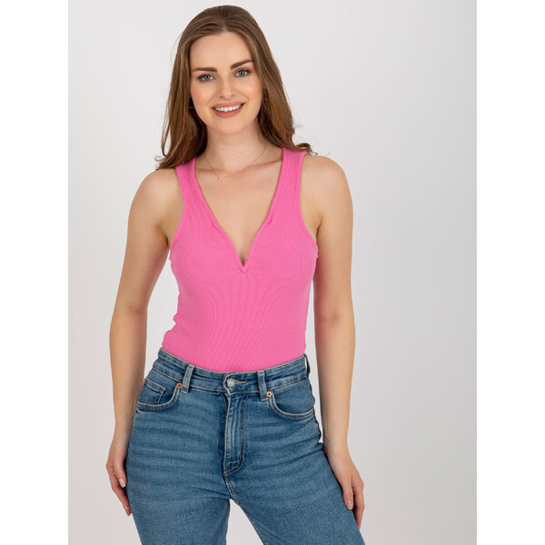 BASIC Ružové dámske rebrované body s výstrihom NM-BO-L55093.29-pink 44454154