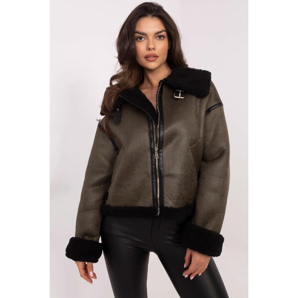 MladaModa Krátka zateplená zimná biker bunda model 62029 farba khaki 65626849