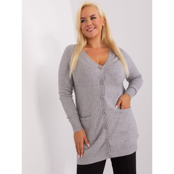 BASIC Sivý dlhší sveter na gombíky s výstrihom do V PM-SW-PM731.34P 46385696