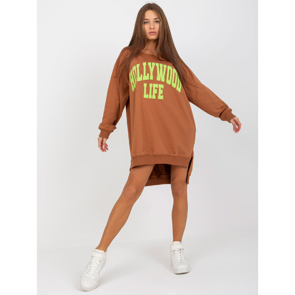 BASIC Mikinové šaty Hollywood life - karamelová/limetková -VI-BL-3102 36746682