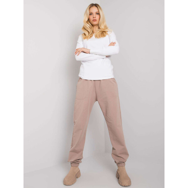 RUE PARIS Béžovo-biely dámsky komplet tričká a teplákov RV-KMPL-7338 57949017