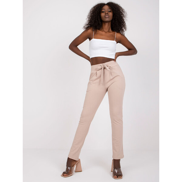 RUE PARIS Svetlobéžové bavlnené nohavice Santos v páse na mašľu RV-DR 57949734