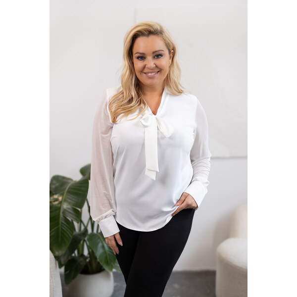 (veľ. 46/48) Elegantný top s mašľou a šifónovými rukávmi biely 63884856