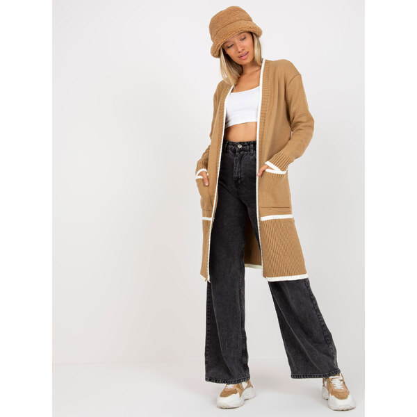 RUE PARIS Béžový kardigán s lemovaním a vreckami LC-SW-0340.42P-beige 57950802