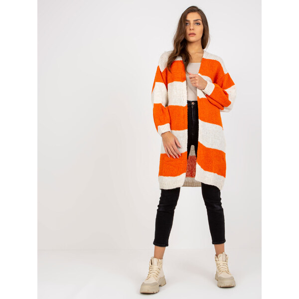 BASIC Dlhší voľný pletený kardigan - oranžová-smotanová -TW-SW-BI 35301080