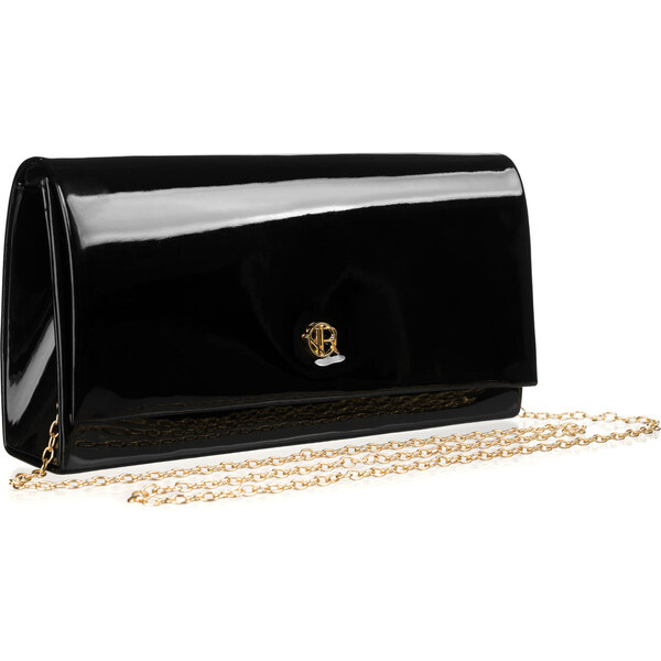 Čierna lakovaná dámska listová kabelka z eko kože na retiazke – 63040289