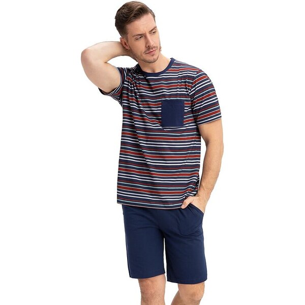 Luna Pánske pyžamo Fred modré s farebnými pruhmi 41216740