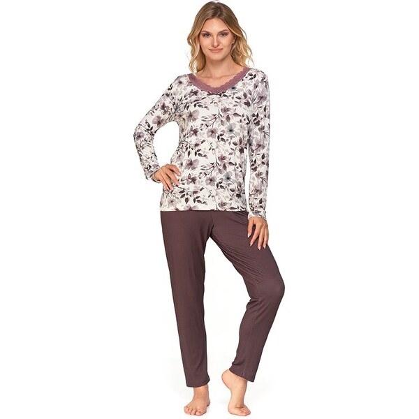 Moraj Viskózové pyžamo Amálie hnedo-biele s kvetmi 56605525