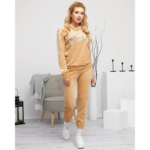 Resti Womens beige sweatshirt set with an inscription and crystals - 65207970