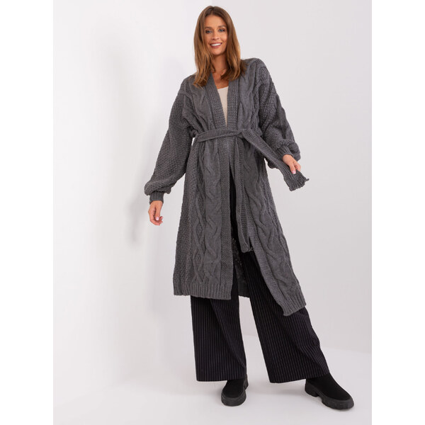 BASIC Tmavosivý dlhý kardigán s pásikom -BA-SW-8020-1.36P-dark grey 46560696