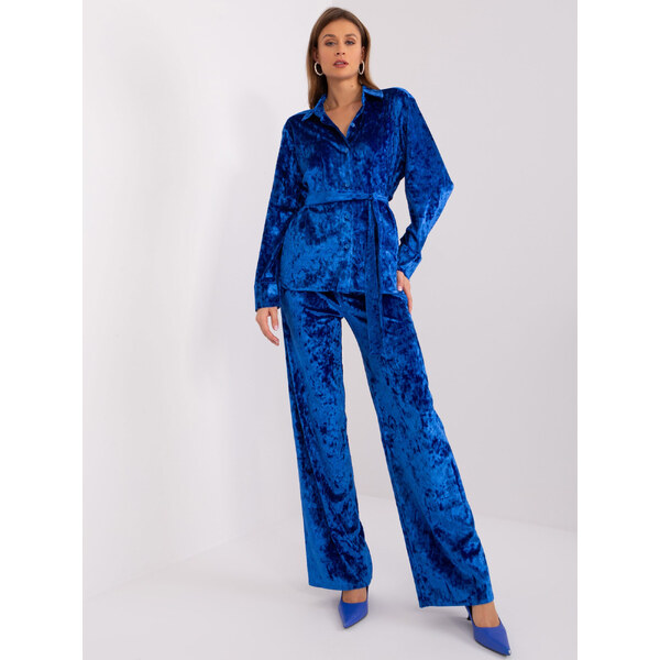 BASIC Modrý velúrový komplet nohavíc a košele LK-KMPL-509427.43-kobalt 47888602