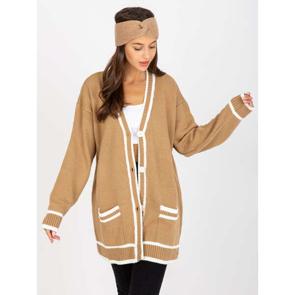 RUE PARIS Béžový dlhý sveter s gombíkmi a lemovaním LC-SW-0333.06X 57950766