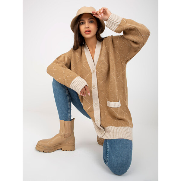RUE PARIS Béžový voľný sveter na gombíky s lemovaním -LC-SW-0258.03P 57950787
