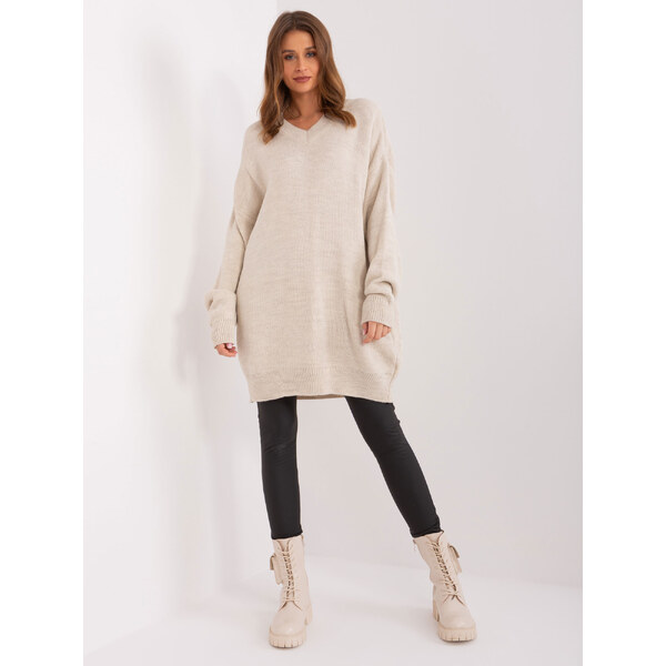 RUE PARIS Béžové svetrové šaty s výstrihom LC-SW-0341.12P-beige 57954074