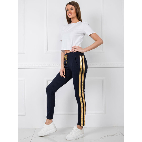 BASIC Dámske tmavomodré tepláky so zlatými pruhmi -RV-DR-5408.28P-dark 19307225
