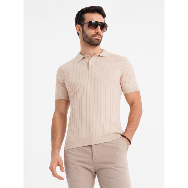 Ombre Mens SLIM FIT viscose vertical striped polo shirt - beige 64791138