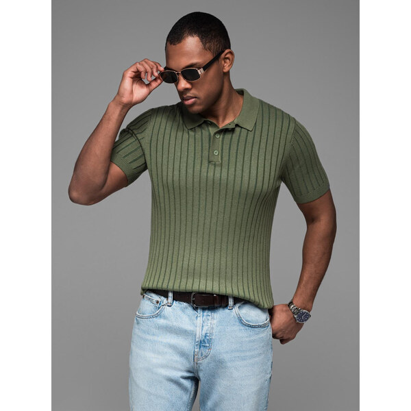 Ombre Mens SLIM FIT viscose vertical stripe polo shirt - olive 64791140