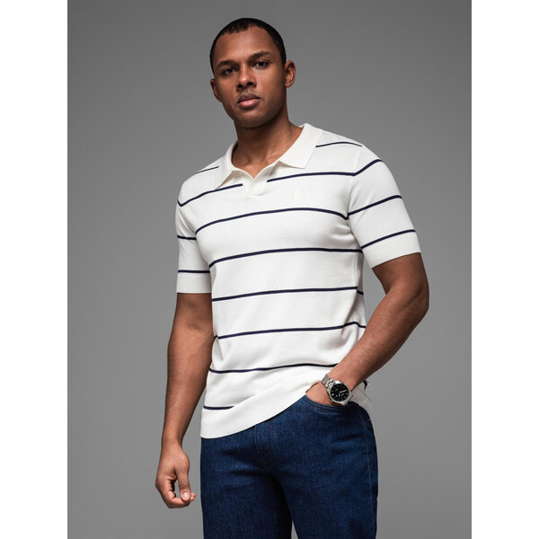 Ombre Mens horizontal striped viscose polo shirt - white and navy 64791142