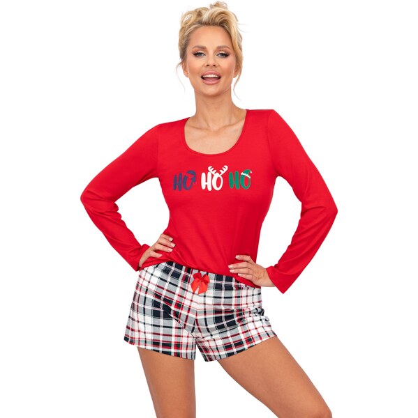 Donna Dámske bavlnené vianočné pyžamo krátke Ho Ho II červené, Farba 63198316