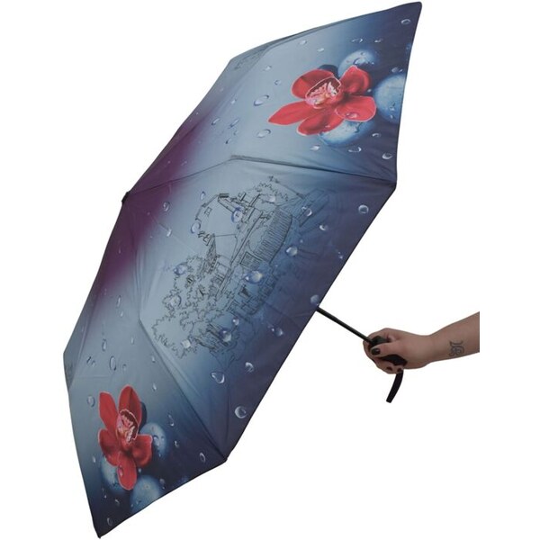 JOHN-C Modro-červený dáždnik s kvetinami ZOE 63226068