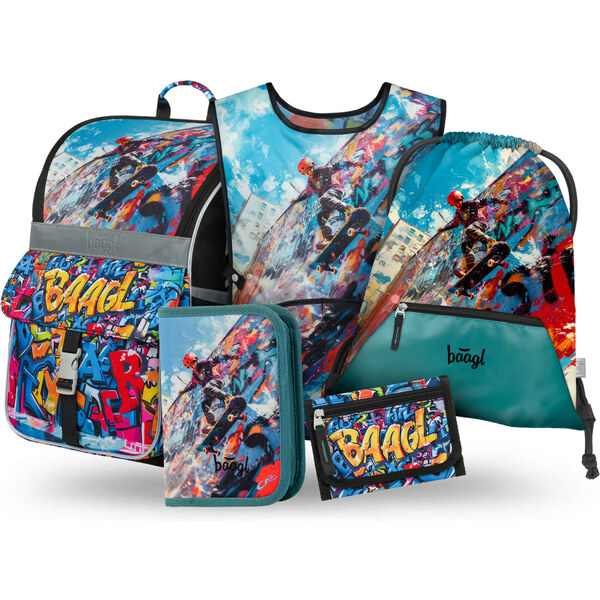 BAAGL SET 5 Zippy Skatepark: aktovka, penál, sáček, zástěra, Peňaženka 63475202