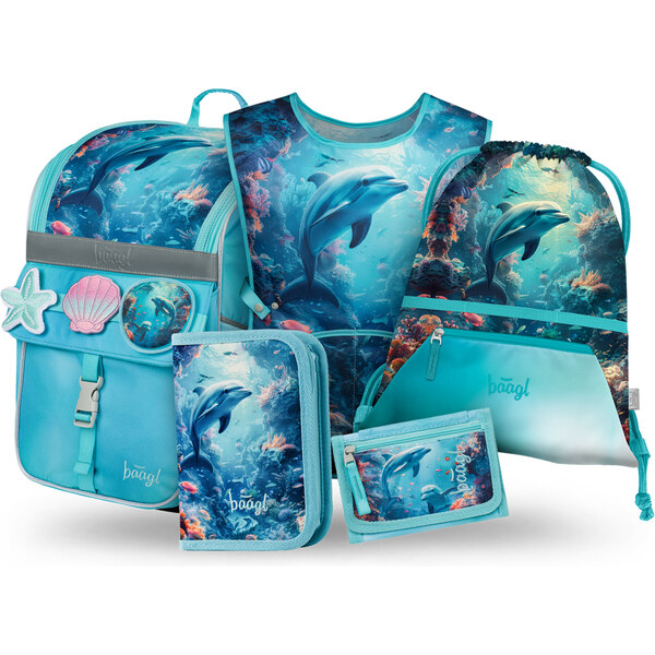 BAAGL SET 5 Zippy Delfín: aktovka, penál, sáček, zástěra, Peňaženka 63475201