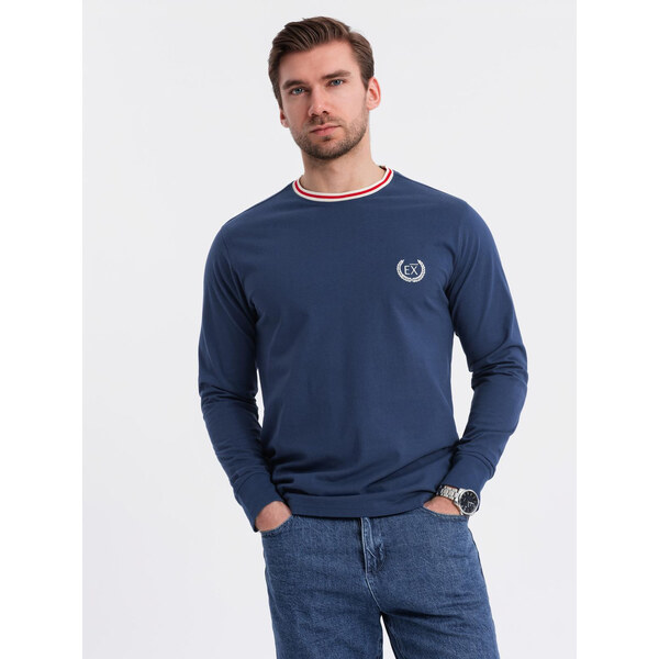 Ombre Mens cotton longsleeve with striped U neckline and embroidery - 64791195