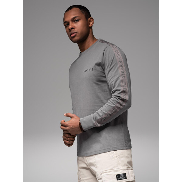 Ombre Mens cotton U-neck longsleeve with piping and chest print - grey 64791198